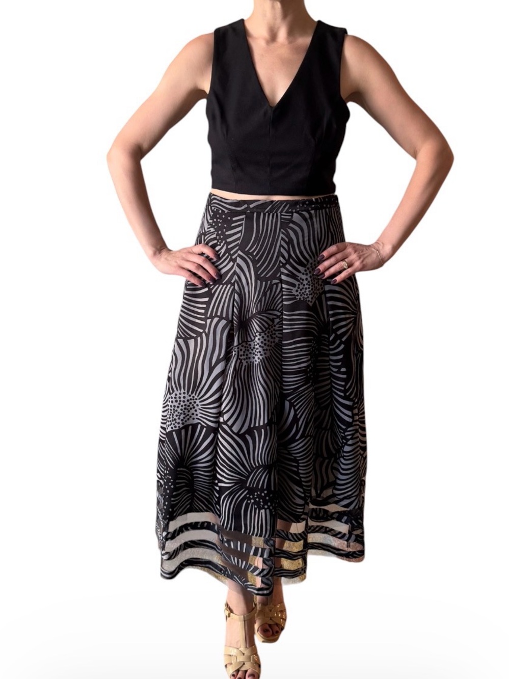 Black Floral A-Line Midi Skirt & matching top